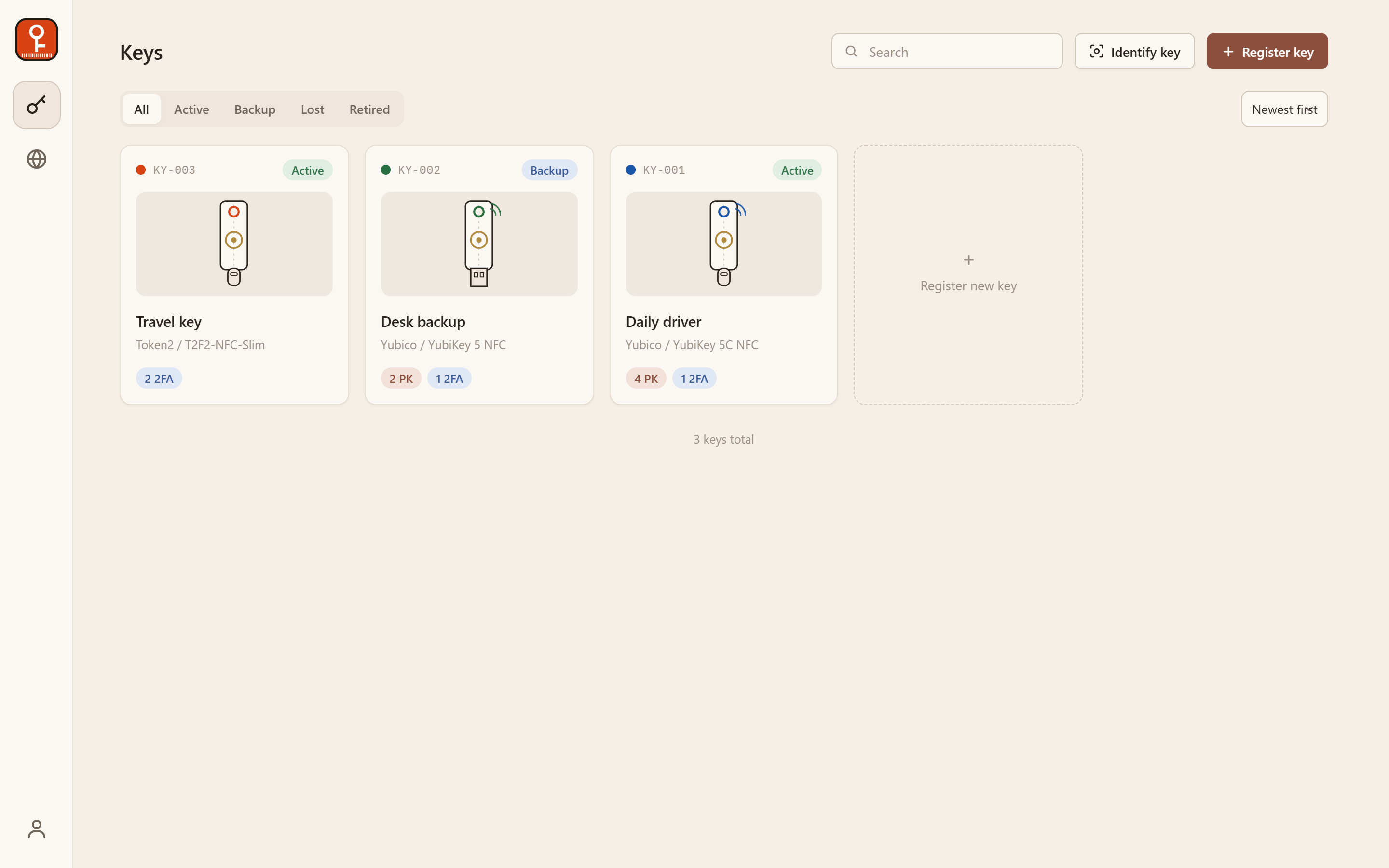 The Keeyo key register in its calm cream interface